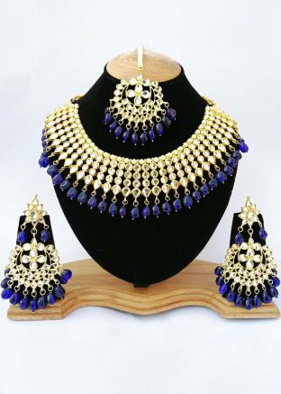 Pearl Blue Stone Studded Kundan Necklace Set