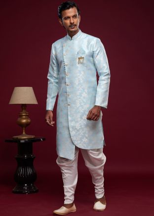 Blue Readymade Indowestern Mens Dhoti & Kurta In Woven Work