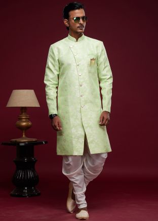 Green Readymade Mens Woven Indo Western Sherwani With Dhoti 