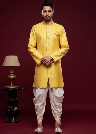 Yellow Readymade Jacquard Mens Indo Western Sherwani With Dhoti
