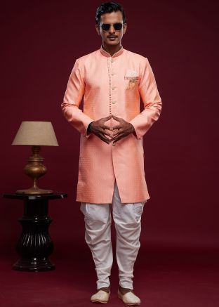 Peach  Readymade Woven Jacquard Mens Indo Western & Sherwani