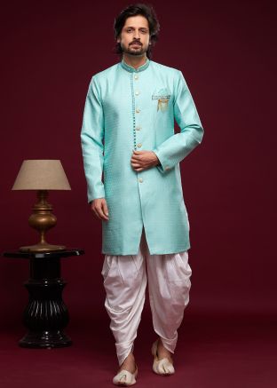 Turquoise Readymade Mens Indo Western Sherwani & Dhoti In Jacquard