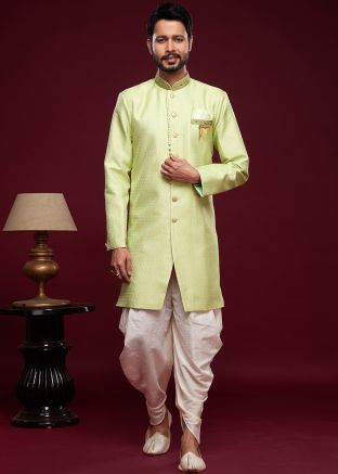 Green Readymade Mens Woven Indo Western Sherwani With Dhoti