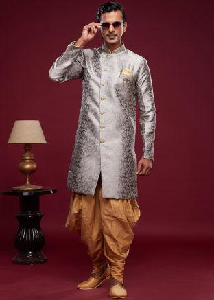 Grey Readymade Mens Indo Western Sherwani & Dhoti In Woven Work