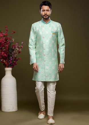Blue Mens Woven Indo Western Sherwani Set