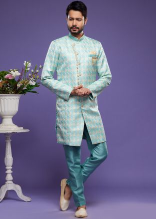 Mens Blue Woven Indo Western Sherwani