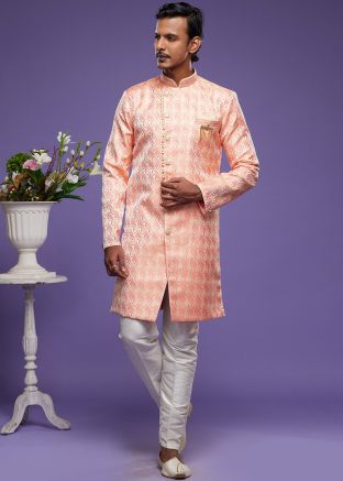 Peach Woven Art Silk Jacquard Indo Western Sherwani