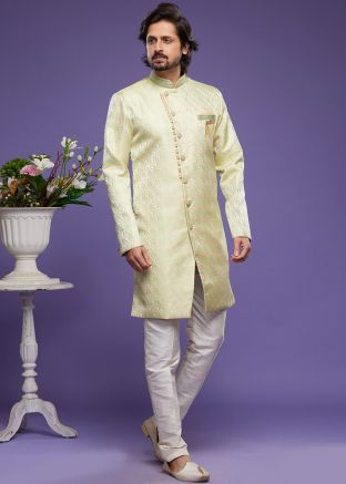Green Woven Indo Western Sherwani For Men