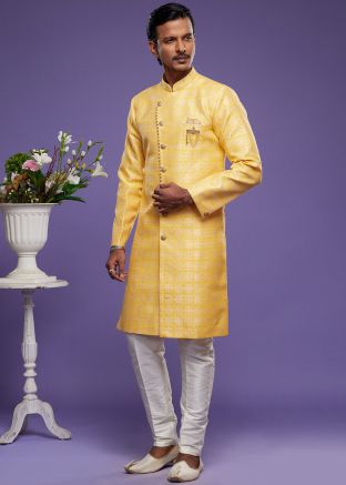 Yellow Mens Woven Indo Western Sherwani