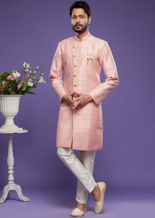Pink Mens Woven Indo Western Sherwani