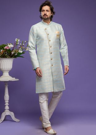 Blue Indo Western Sherwani In Woven Work