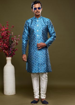 Blue Mens Indo Western Sherwani In Woven Work