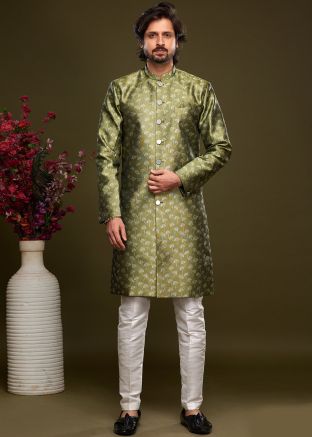 Readymade Green Woven Indo Western Sherwani