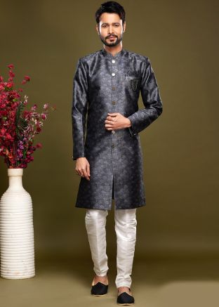 Black Indo Western Sherwani In Woven Work