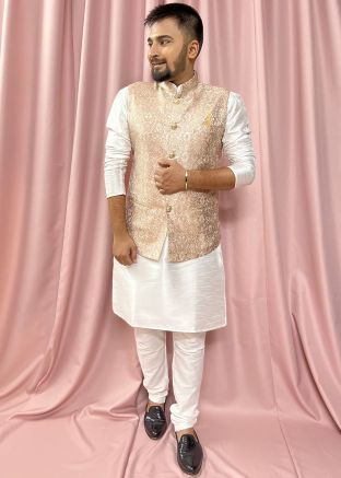 White Kurta Pajama & Woven Nehru Jacket