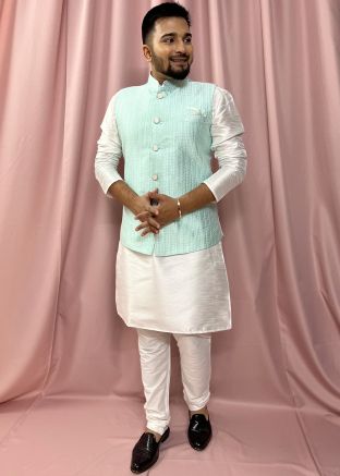 White Kurta & Pajama With Woven Nehru Jacket