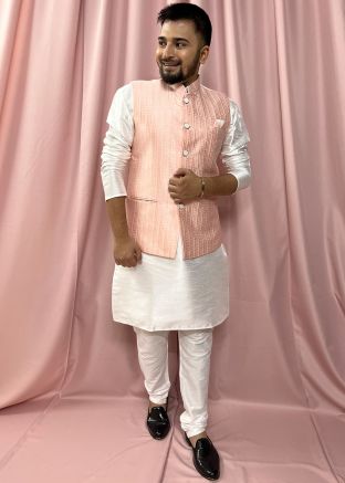 Readymade White Kurta & Pajama With Woven Jacket
