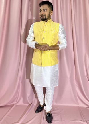 White Kurta Pajama & Yellow Woven Nehru Jacket