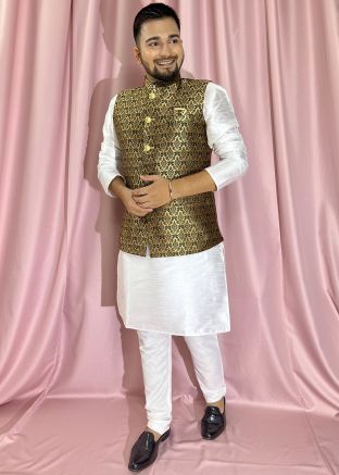 White Kurta Pajama & Green Woven Nehru Jacket