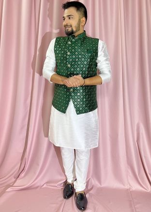 White Kurta & Pajama With Embroidered Jacket