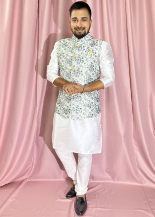 White Mens Kurta Pajama & Embroidered Jacket