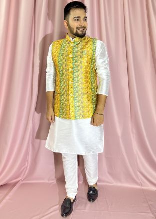 White Kurta Pajama With Nehru Jacket In Woven Work