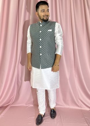 White Kurta Pajama & Woven Nehru Jacket