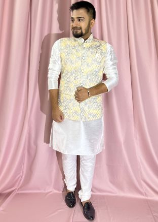 White Kurta Churidaar & Embroidered Nehru Jacket