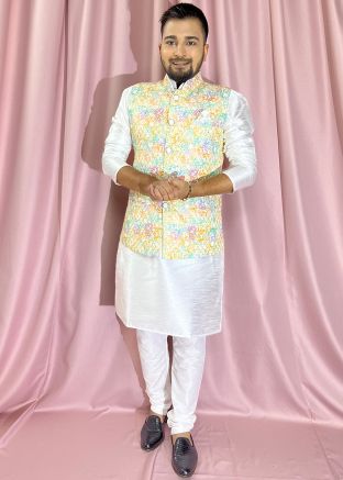 White Kurta Pajama & Printed Nehru Jacket