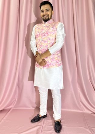White Mens Kurta Pajama With Printed Nehru Jacket