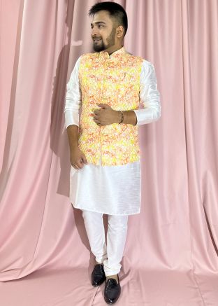 Mens White Kurta Pajama & Printed Nehru Jacket