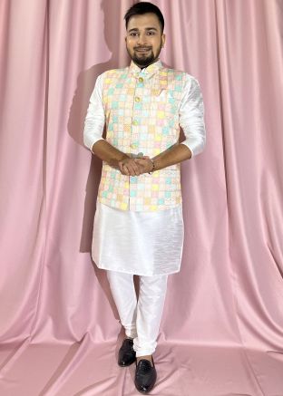 White Kurta Pajama With Embroidered Nehru Jacket