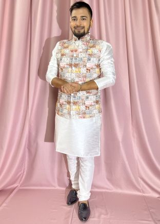 White Kurta Pajama & Cream Printed Nehru Jacket