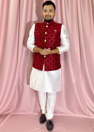 White Kurta & Pajama With Embroidered Jacket