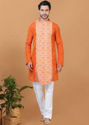 Orange Dupion Silk Kurta Pajama In Digital Print