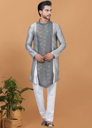 Grey Woven Kurta Pajama In Dupion Silk