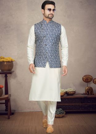 Cream Kurta Pajama & Chikankari Nehru Jacket