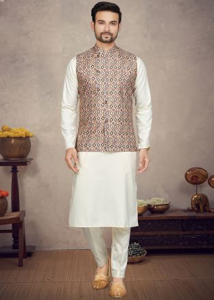 Cream Kurta & Pajama With Chikankari Nehru Jacket