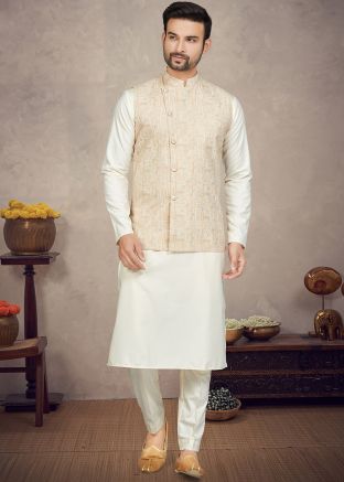 Cream Kurta & Pajama With Digital Print Nehru Jacket