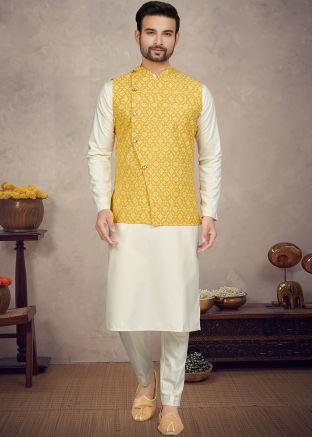 Cream Cotton Kurta Pajama & Printed Nehru Jacket
