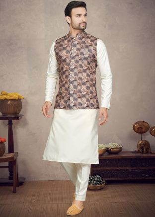 Cream Kurta Pajama With Printed Nehru Jacket