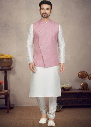 Off White Mens Kurta Pajama & Printed Nehru Jacket