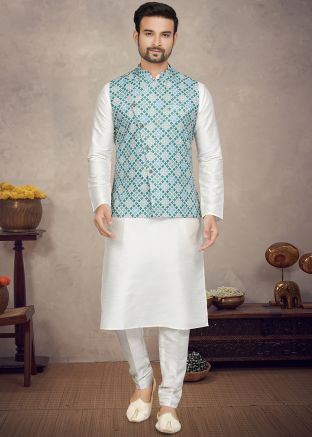 Off White Kurta Pajama & Digital Printed Nehru Jacket