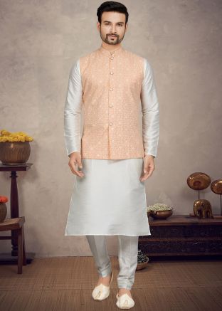 Off White Mens Kurta & Pajama With Printed Nehru Jacket