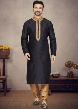 Black Embroidered Kurta Pajama In Art Silk