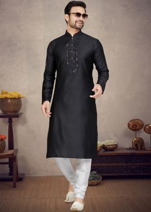 Black Embroidered Kurta Pajama In Jacquard