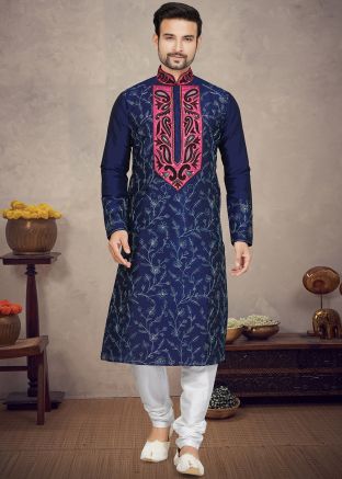 Blue Embroidered Kurta Pajama In Art Silk