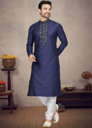 Blue Embroidered Kurta Pajama In Jacquard