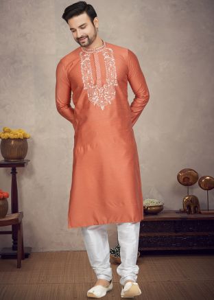 Orange Embroidered Mens Kurta Pajama