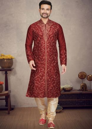 Maroon Embroidered Kurta Pajama